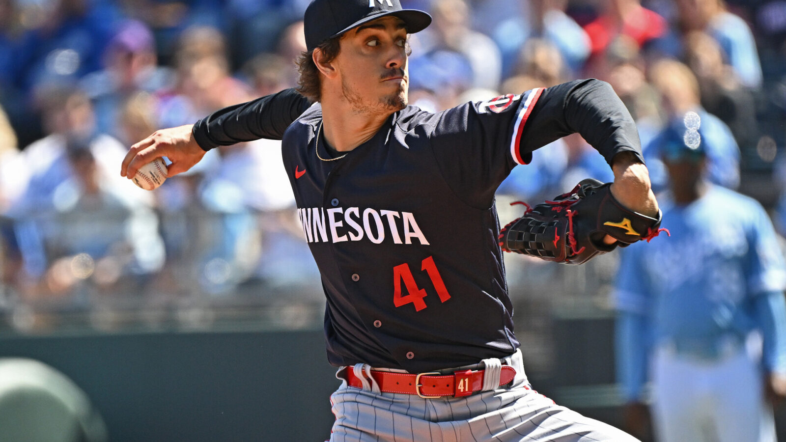 Minnesota Twins starting pitcher Joe Ryan (41) delivers a pitch during the first inning against the Kansas City Royals at Kauffman Stadium. Joe Ryan is one of our Betr Fantasy player props picks today.