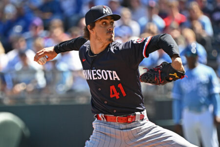 Minnesota Twins starting pitcher Joe Ryan (41) delivers a pitch during the first inning against the Kansas City Royals at Kauffman Stadium. Joe Ryan is one of our Betr Fantasy player props picks today.