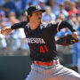 Minnesota Twins starting pitcher Joe Ryan (41) delivers a pitch during the first inning against the Kansas City Royals at Kauffman Stadium. Joe Ryan is one of our Betr Fantasy player props picks today.