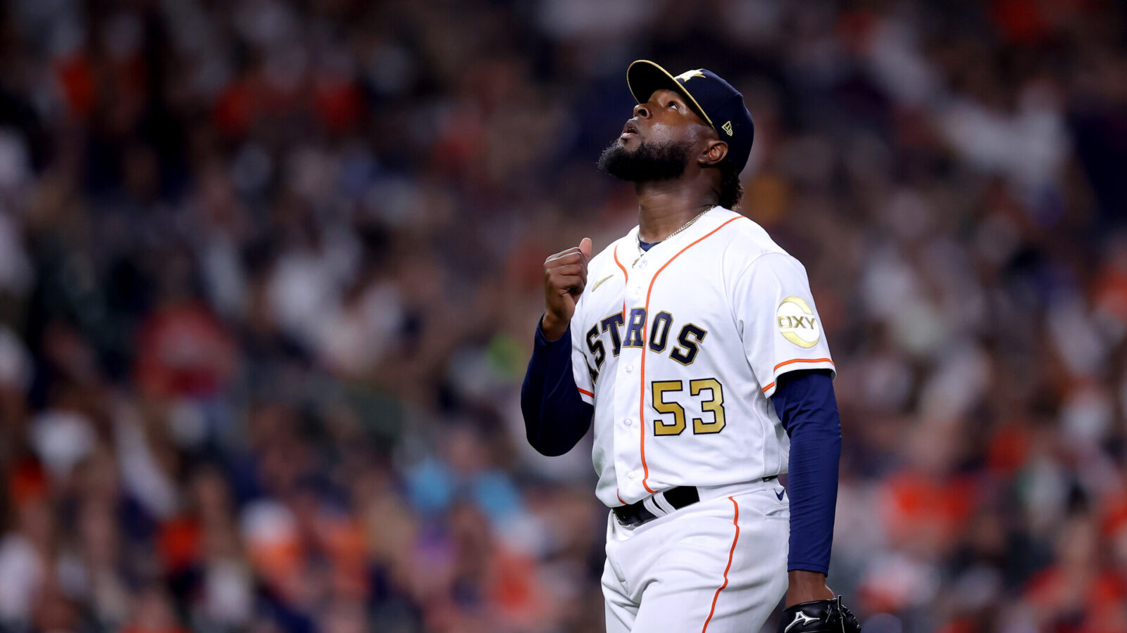 Houston Astros starting pitcher Cristian Javier (53) walks to the dugout after returing the side during the game against the Chicago White Sox at Minute Maid Park.