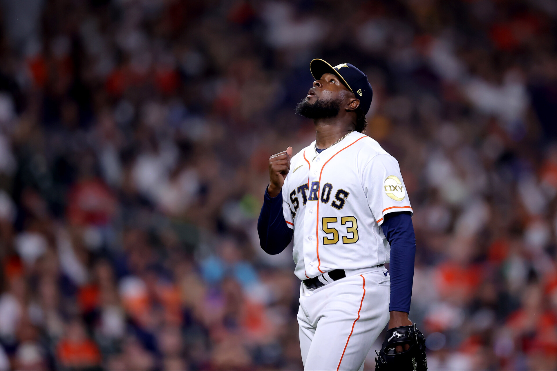 Houston Astros starting pitcher Cristian Javier (53) walks to the dugout after returing the side during the game against the Chicago White Sox at Minute Maid Park.
