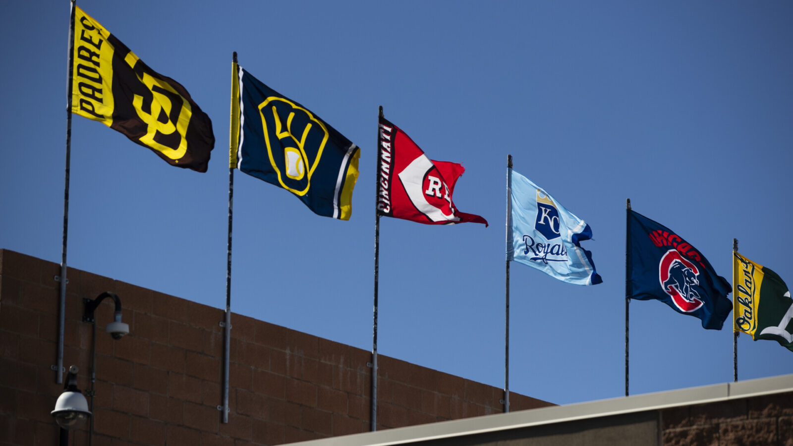 A general view of flags in the ballpark during the game between the Los Angeles Angels and the Seattle Mariners at T-Mobile Park on Saturday, February 25, 2023 in Seattle, Washington.