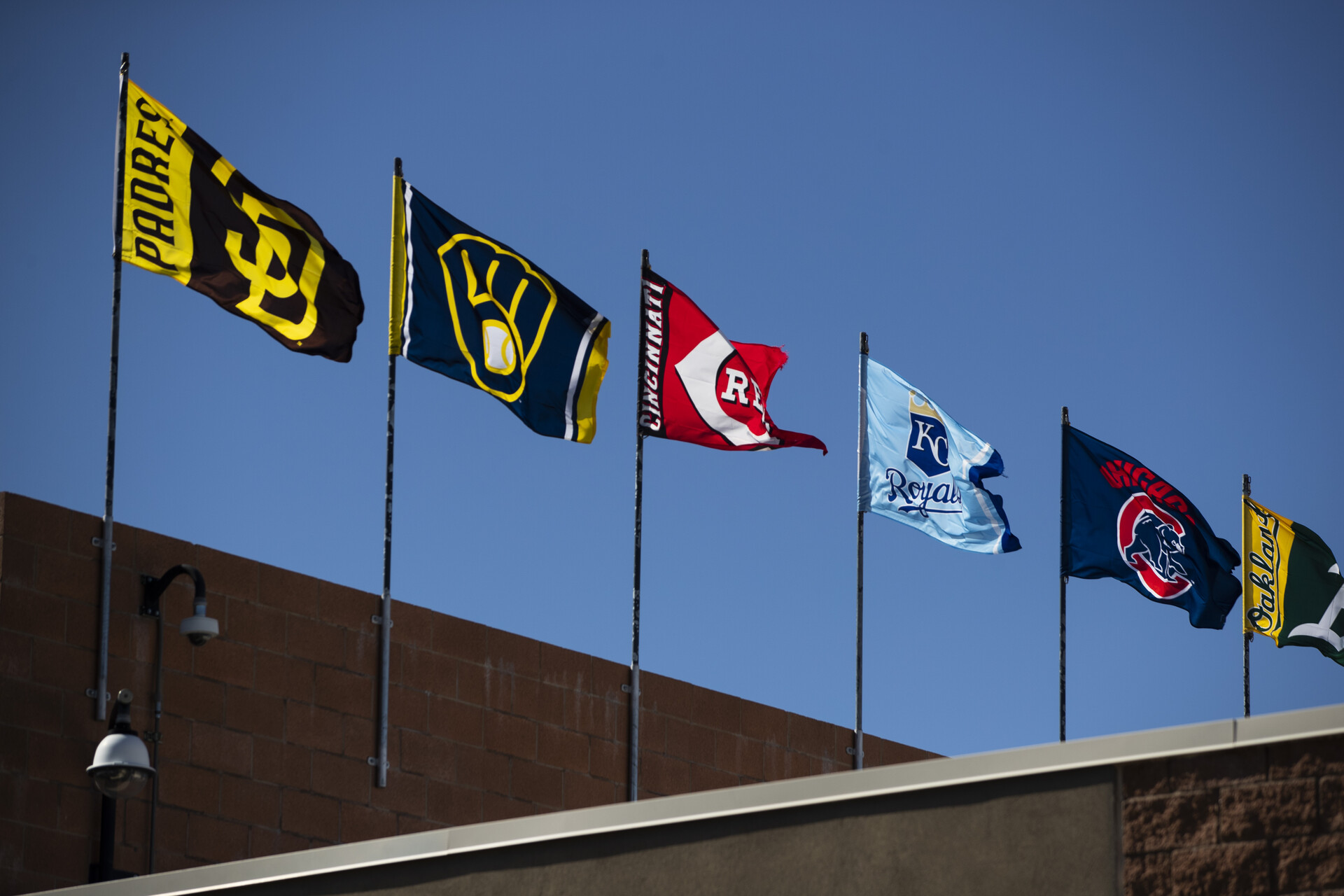 A general view of flags in the ballpark during the game between the Los Angeles Angels and the Seattle Mariners at T-Mobile Park on Saturday, February 25, 2023 in Seattle, Washington.