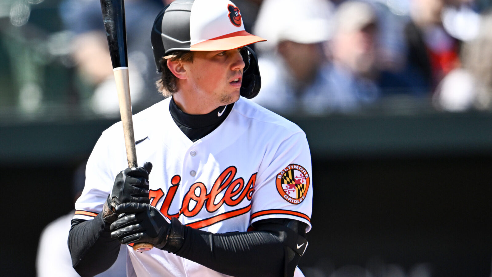 Adley Rutschman #35 of the Baltimore Orioles bats during the first inning against the New York Yankees at Oriole Park at Camden Yards on April 9, 2023 in Baltimore, Maryland.