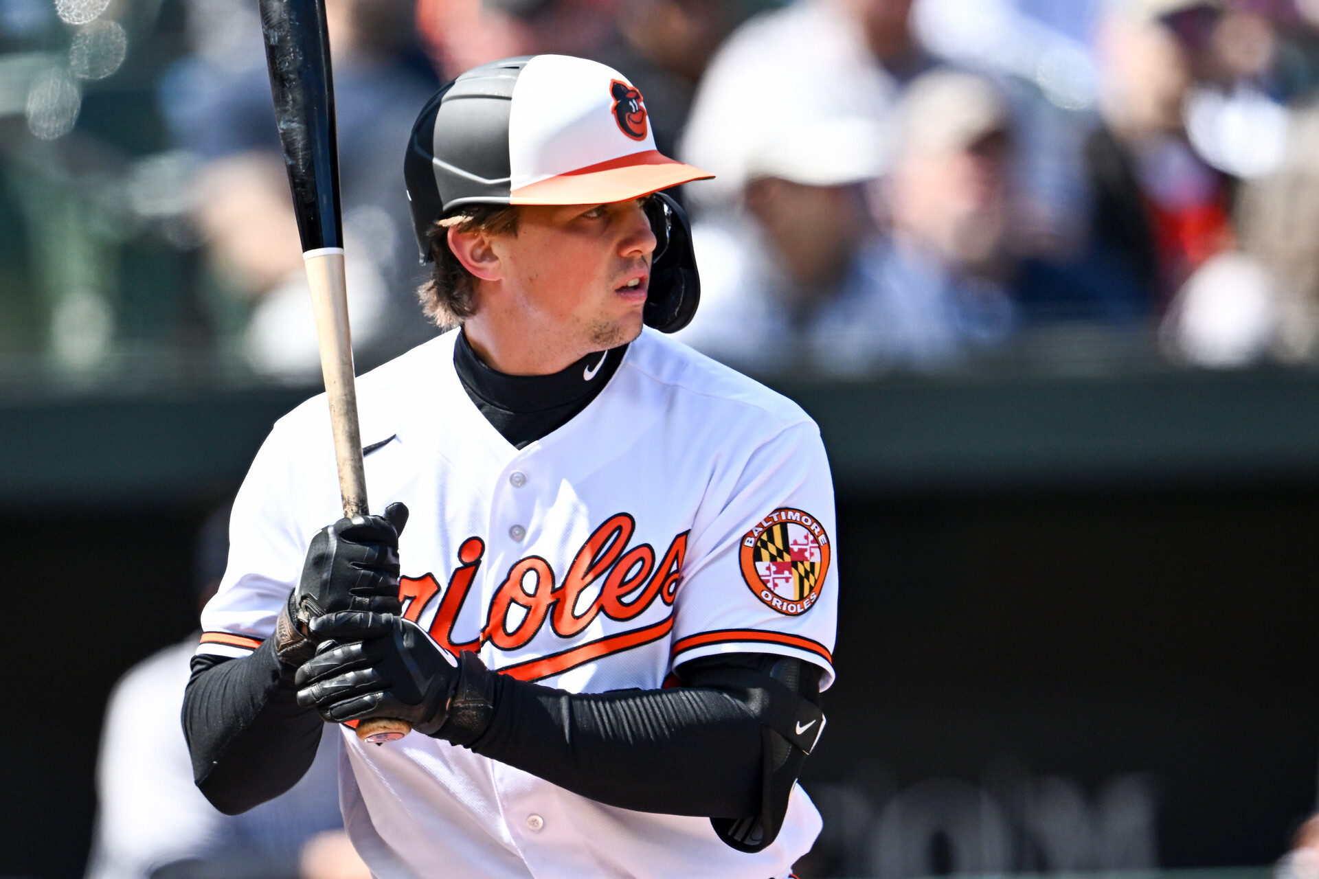 Adley Rutschman #35 of the Baltimore Orioles bats during the first inning against the New York Yankees at Oriole Park at Camden Yards on April 9, 2023 in Baltimore, Maryland.