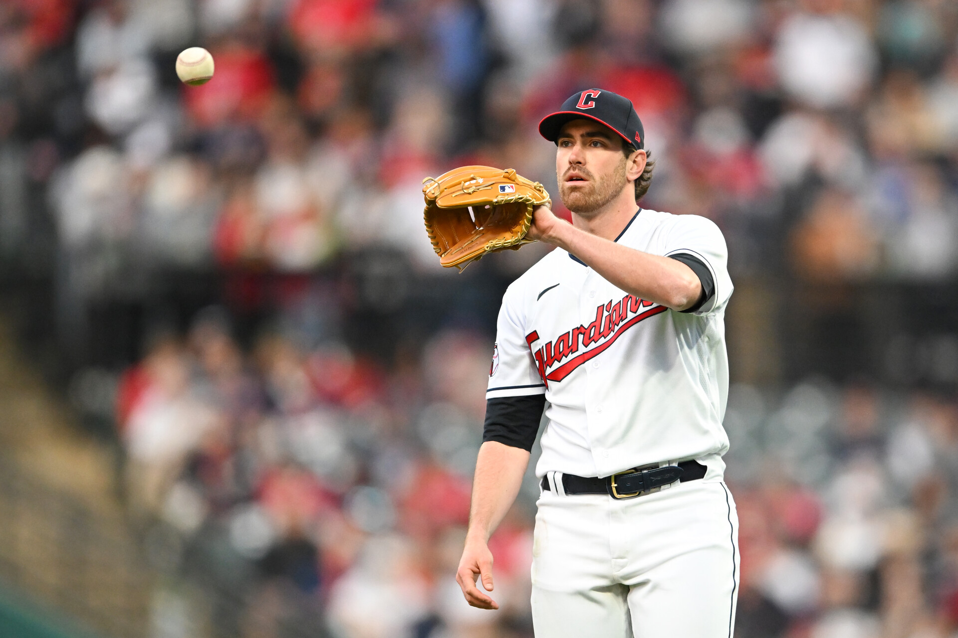Shane Bieber #57 of the Cleveland Guardians looks on during the sixth inning against the New York Yankees at Progressive Field on April 10, 2023 in Cleveland, Ohio.