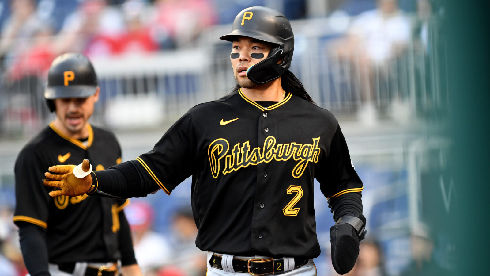Pittsburgh Pirates right fielder Connor Joe (2) jogs off the field during the Pittsburgh Pirates versus Washington Nationals MLB game 2 at Nationals Park on April 29, 2023 in Washington, D.C.