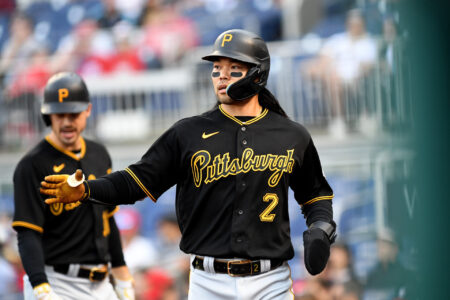 Pittsburgh Pirates right fielder Connor Joe (2) jogs off the field during the Pittsburgh Pirates versus Washington Nationals MLB game 2 at Nationals Park on April 29, 2023 in Washington, D.C.