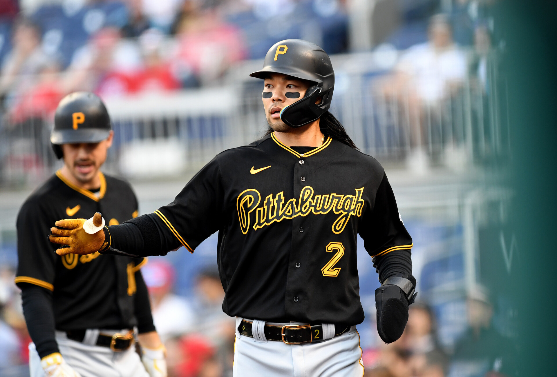 Pittsburgh Pirates right fielder Connor Joe (2) jogs off the field during the Pittsburgh Pirates versus Washington Nationals MLB game 2 at Nationals Park on April 29, 2023 in Washington, D.C.