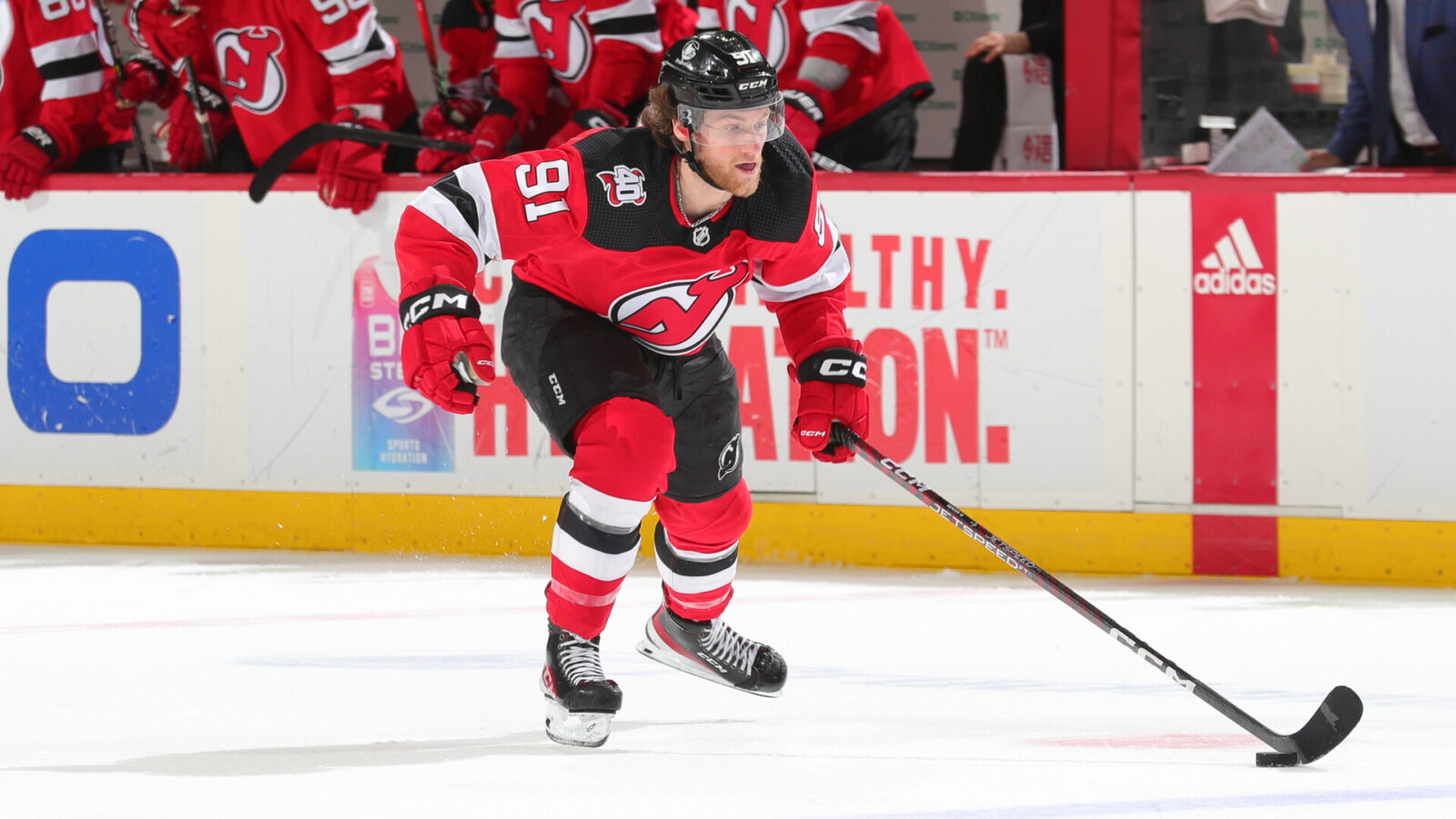 NEWARK, NJ - MAY 01: Dawson Mercer #91 of the New Jersey Devils skates in the third period of Game Seven of the First Round of the 2023 Stanley Cup Playoffs against the New York Rangers at the Prudential Center on May 1, 2023 in Newark, New Jersey.