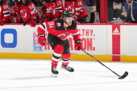 NEWARK, NJ - MAY 01: Dawson Mercer #91 of the New Jersey Devils skates in the third period of Game Seven of the First Round of the 2023 Stanley Cup Playoffs against the New York Rangers at the Prudential Center on May 1, 2023 in Newark, New Jersey.