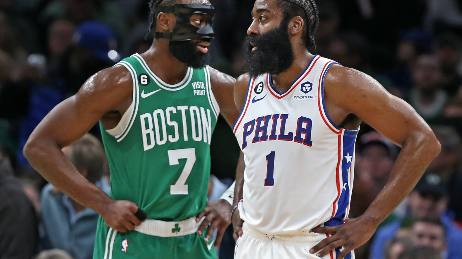 Boston Celtics SG Jaylen Brown and Philadelphia 76ers SG James Harden strike similar poses in the first half. The Celtics beat the 76ers, 121-87, in Game 2 of the 2023 Eastern Conference Semifinals.