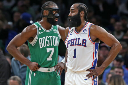 Boston Celtics SG Jaylen Brown and Philadelphia 76ers SG James Harden strike similar poses in the first half. The Celtics beat the 76ers, 121-87, in Game 2 of the 2023 Eastern Conference Semifinals.