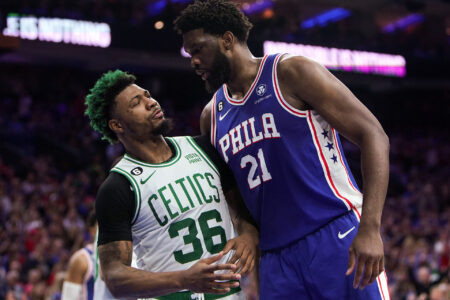 Philadelphia 76ers C Joel Embiid and Boston Celtics PG Marcus Smart have a stare-down following a Smart foul in the first quarter. The 76ers beat the Celtics, 116-115, in overtime of Game 4 of the 2023 Eastern Conference Semifinals.