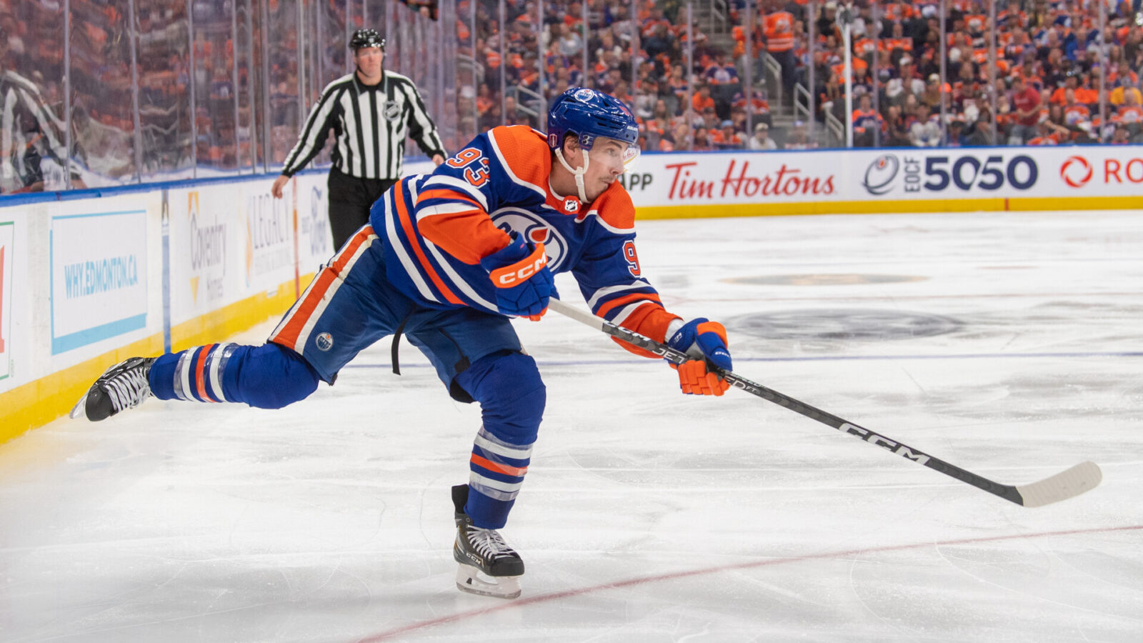 EDMONTON, CANADA - MAY 10: Ryan Nugent-Hopkins #93 of the Edmonton Oilers shoots the puck against the Vegas Golden Knights in Game Four of the Second Round of the 2023 Stanley Cup Playoffs at Rogers Place on May 10, 2023, in Edmonton, Alberta, Canada.