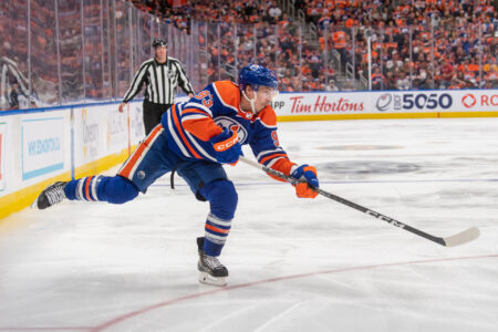 EDMONTON, CANADA - MAY 10: Ryan Nugent-Hopkins #93 of the Edmonton Oilers shoots the puck against the Vegas Golden Knights in Game Four of the Second Round of the 2023 Stanley Cup Playoffs at Rogers Place on May 10, 2023, in Edmonton, Alberta, Canada.
