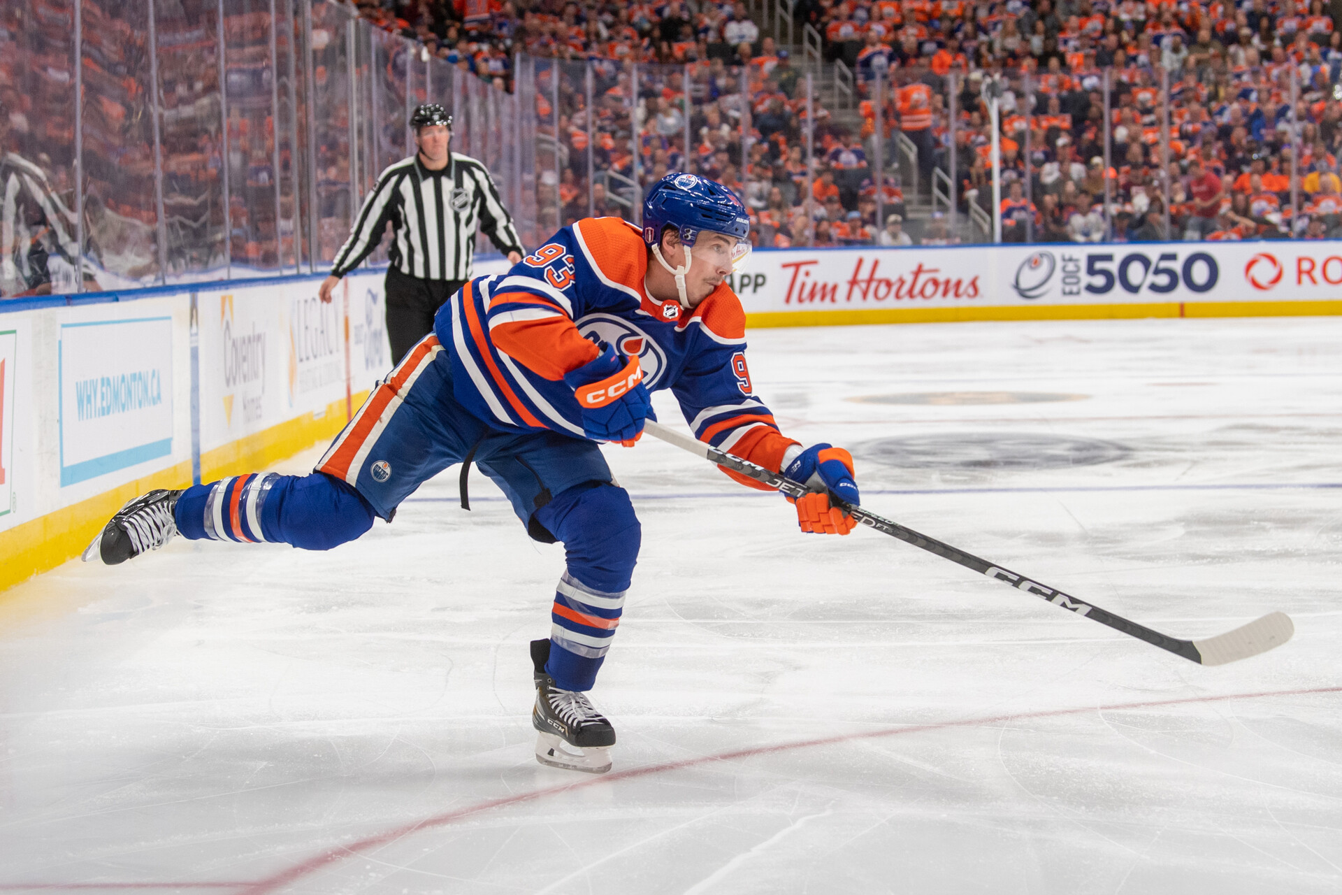 EDMONTON, CANADA - MAY 10: Ryan Nugent-Hopkins #93 of the Edmonton Oilers shoots the puck against the Vegas Golden Knights in Game Four of the Second Round of the 2023 Stanley Cup Playoffs at Rogers Place on May 10, 2023, in Edmonton, Alberta, Canada.