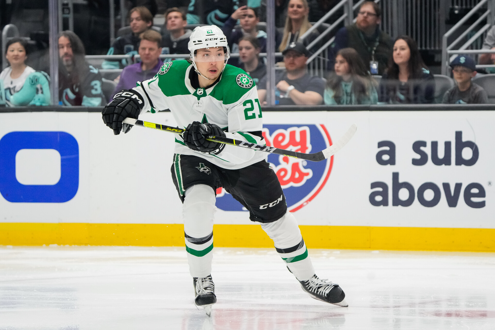SEATTLE, WASHINGTON - MAY 07: Jason Robertson #21 of the Dallas Stars skates during the second period against the Seattle Kraken in Game Three of the Second Round of the 2023 Stanley Cup Playoffs at Climate Pledge Arena on May 07, 2023 in Seattle, Washington.