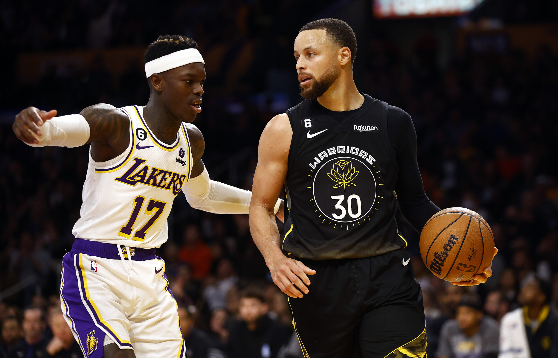 Stephen Curry #30 of the Golden State Warriors controls the ball against Dennis Schroder #17 of the Los Angeles Lakers in the second half at Crypto.com Arena on March 05, 2023 in Los Angeles, California.