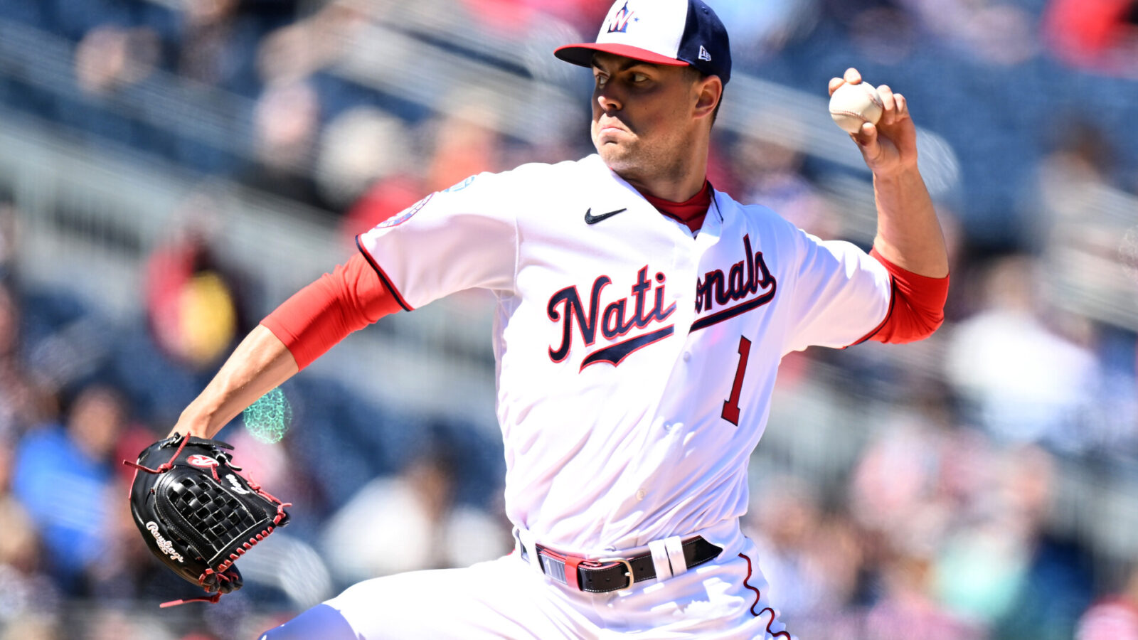 MacKenzie Gore #1 of the Washington Nationals pitches in the first inning against the Atlanta Braves at Nationals Park on April 02, 2023 in Washington, DC.