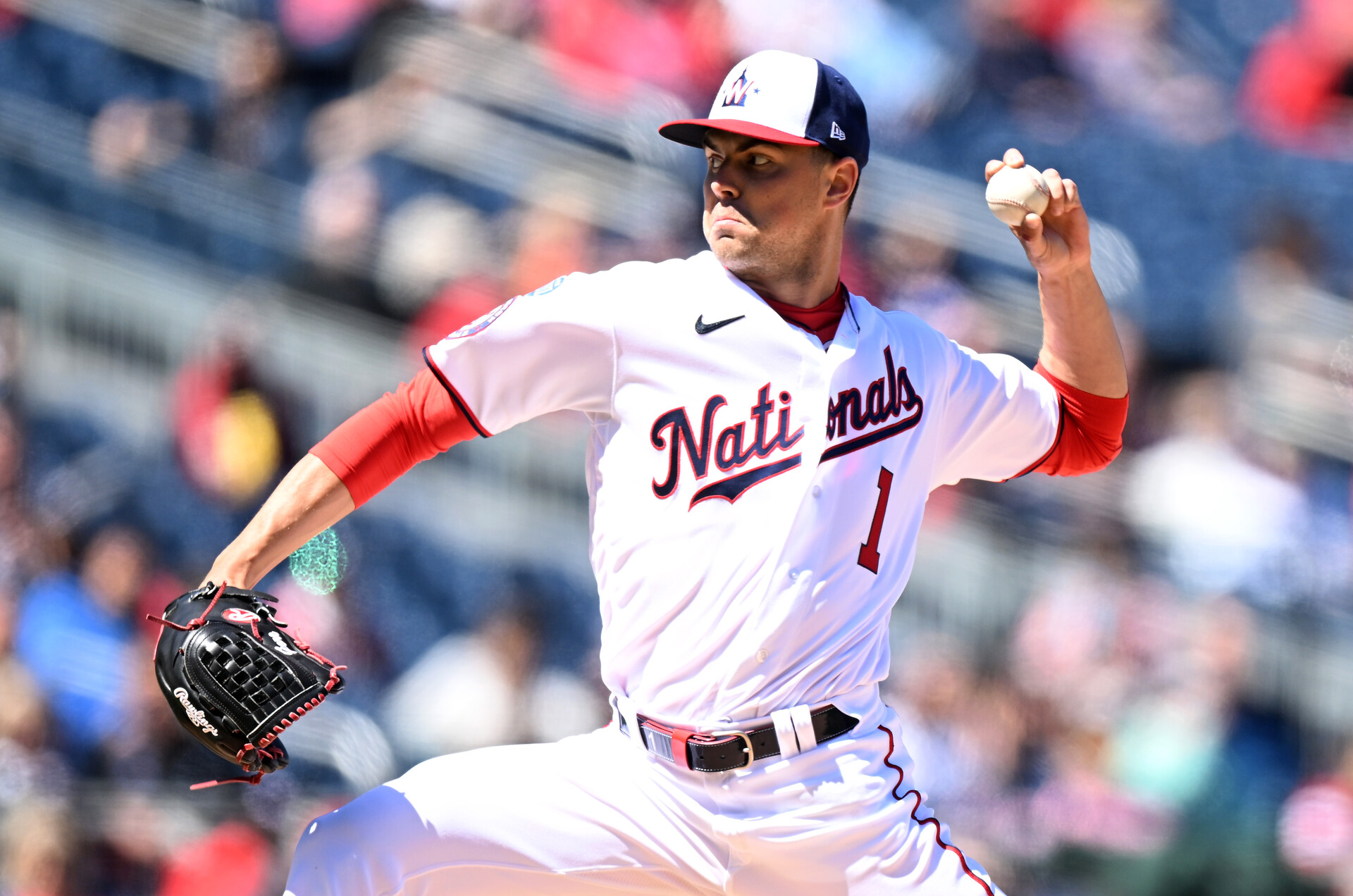 MacKenzie Gore #1 of the Washington Nationals pitches in the first inning against the Atlanta Braves at Nationals Park on April 02, 2023 in Washington, DC.