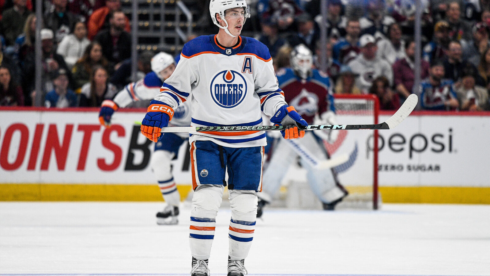 DENVER, COLORADO - APRIL 11: Ryan Nugent-Hopkins #93 of the Edmonton Oilers looks on in the second period of a game against the Colorado Avalanche at Ball Arena on April 11, 2023 in Denver, Colorado.