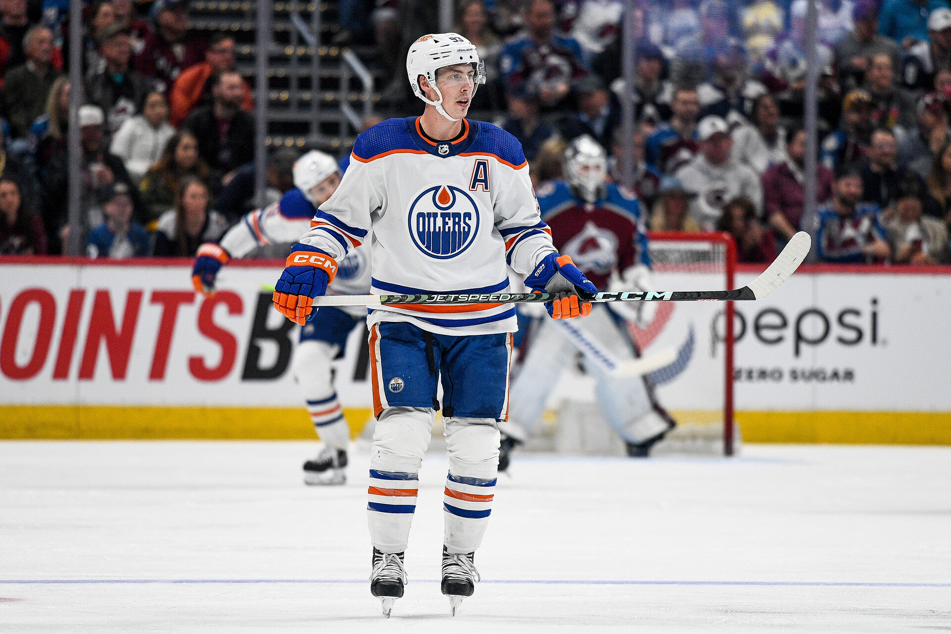 DENVER, COLORADO - APRIL 11: Ryan Nugent-Hopkins #93 of the Edmonton Oilers looks on in the second period of a game against the Colorado Avalanche at Ball Arena on April 11, 2023 in Denver, Colorado.