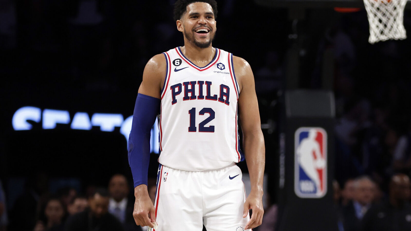 Tobias Harris #12 of the Philadelphia 76ers reacts against the Brooklyn Nets during the second half of Game Four of the Eastern Conference First Round Playoffs at Barclays Center on April 22, 2023 in the Brooklyn borough of New York City. The 76ers won 96-88.