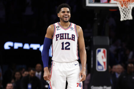 Tobias Harris #12 of the Philadelphia 76ers reacts against the Brooklyn Nets during the second half of Game Four of the Eastern Conference First Round Playoffs at Barclays Center on April 22, 2023 in the Brooklyn borough of New York City. The 76ers won 96-88.