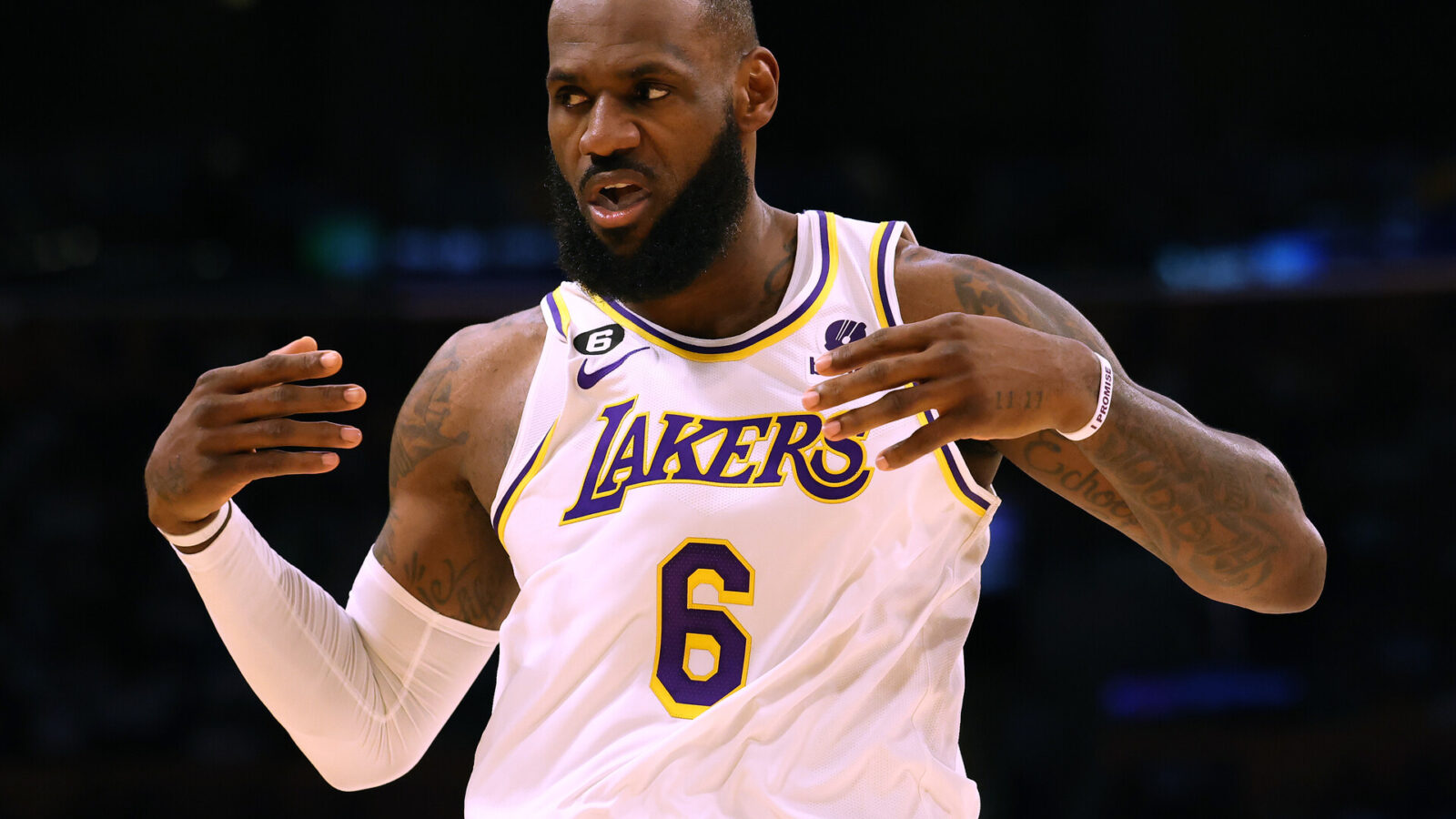 LeBron James #6 of the Los Angeles Lakers reacts during Game Three of the Western Conference First Round Playoffs against the Memphis Grizzlies at Crypto.com Arena on April 22, 2023 in Los Angeles, California.