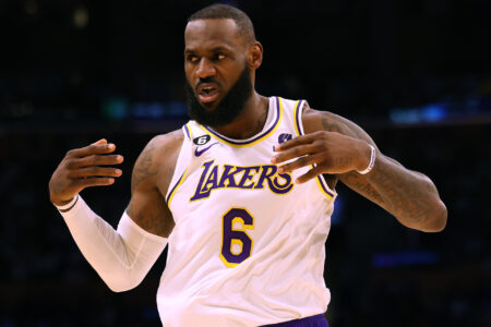 LeBron James #6 of the Los Angeles Lakers reacts during Game Three of the Western Conference First Round Playoffs against the Memphis Grizzlies at Crypto.com Arena on April 22, 2023 in Los Angeles, California.