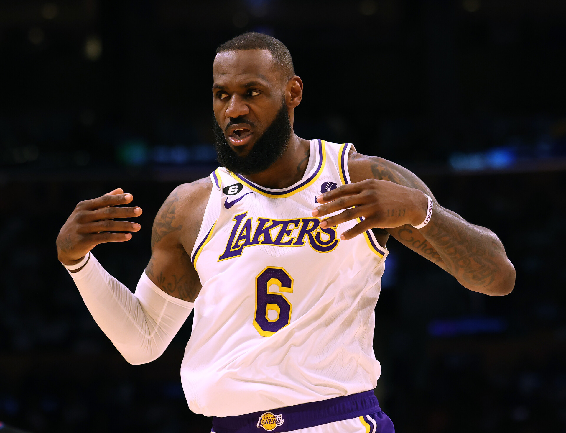 LeBron James #6 of the Los Angeles Lakers reacts during Game Three of the Western Conference First Round Playoffs against the Memphis Grizzlies at Crypto.com Arena on April 22, 2023 in Los Angeles, California.