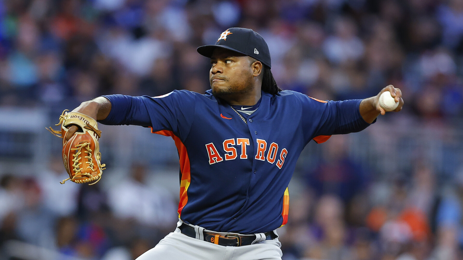 Framber Valdez #59 of the Houston Astros pitches during the fourth inning against the Atlanta Braves at Truist Park on April 22, 2023 in Atlanta, Georgia.