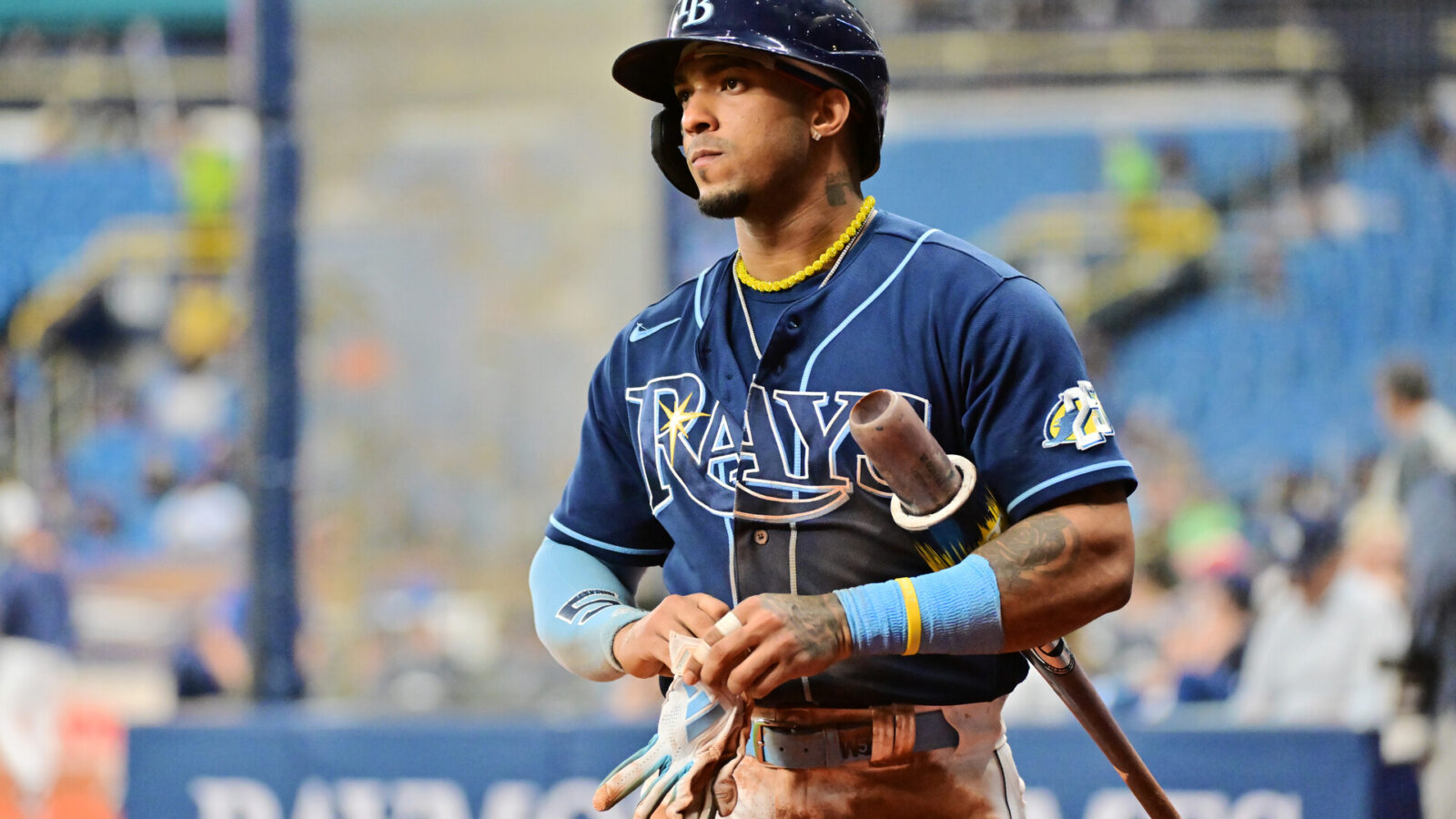 Wander Franco #5 of the Tampa Bay Rays walks up to bat in the sixth inning against the Houston Astros at Tropicana Field on April 24, 2023 in St Petersburg, Florida.