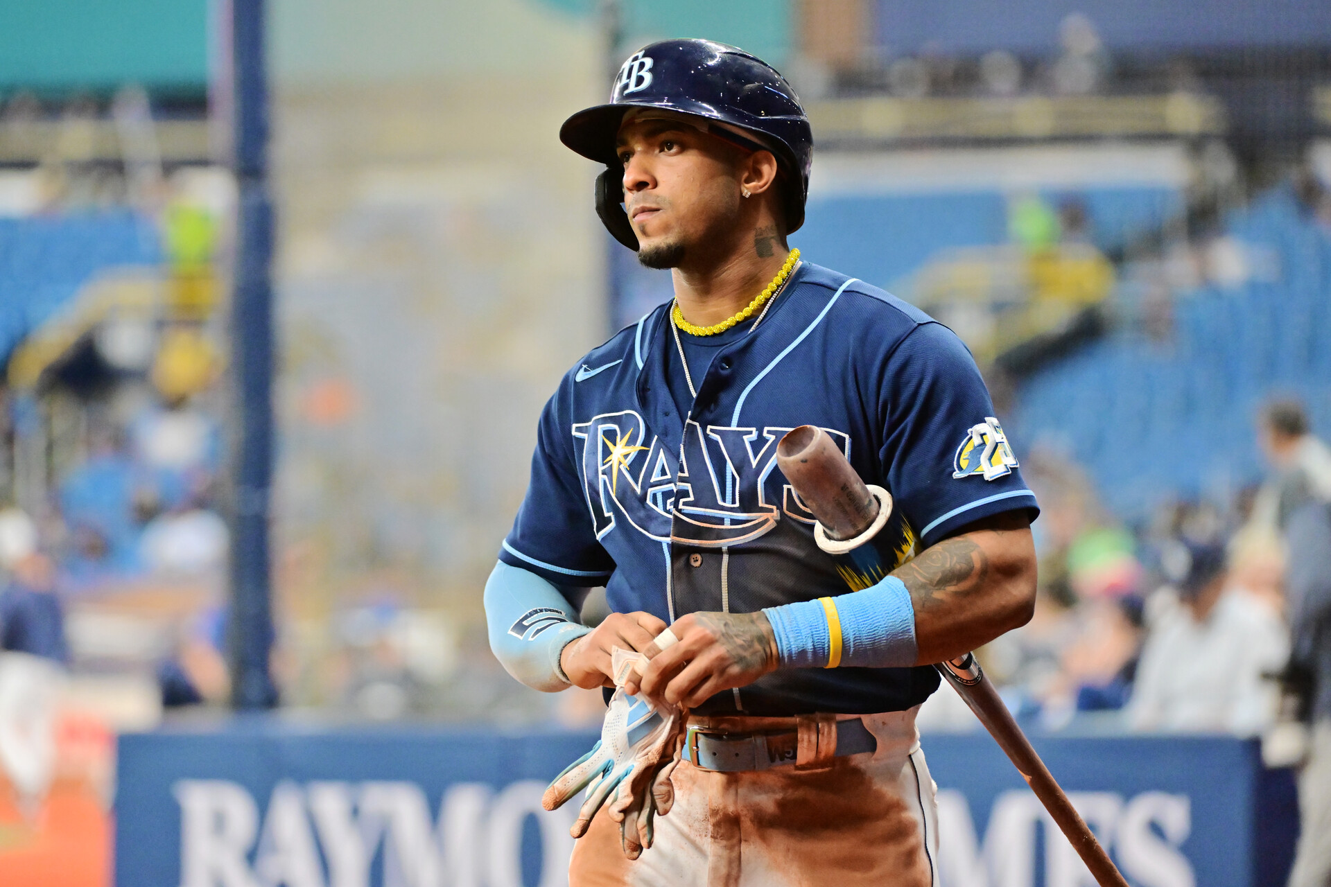 Wander Franco #5 of the Tampa Bay Rays walks up to bat in the sixth inning against the Houston Astros at Tropicana Field on April 24, 2023 in St Petersburg, Florida.