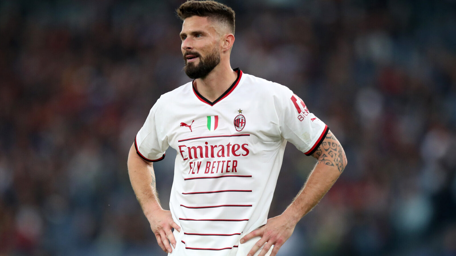 Olivier Giroud of AC Milan looks on during the Serie A match between AS Roma and AC MIlan at Stadio Olimpico on April 29, 2023 in Rome, Italy.
