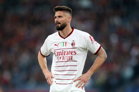 Olivier Giroud of AC Milan looks on during the Serie A match between AS Roma and AC MIlan at Stadio Olimpico on April 29, 2023 in Rome, Italy.