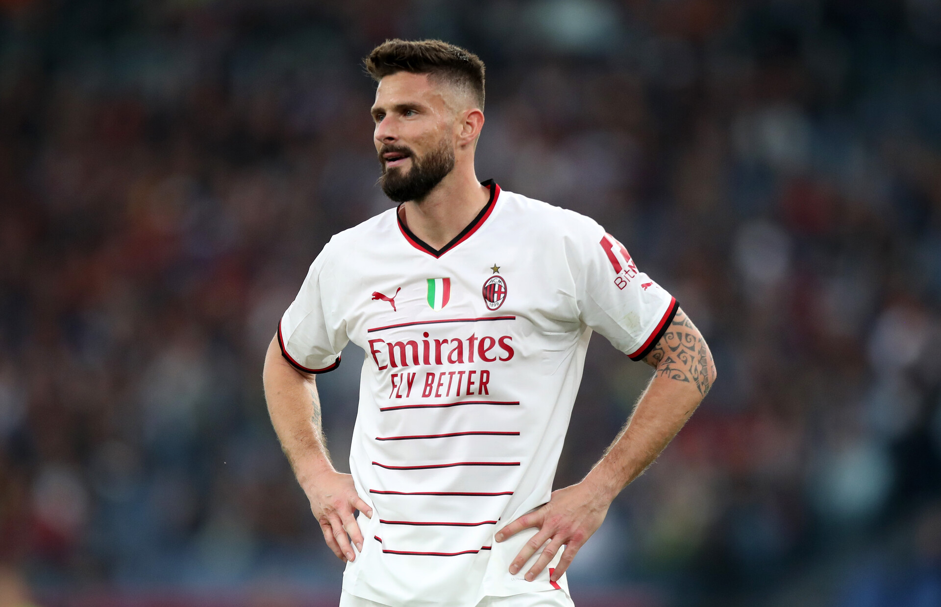 Olivier Giroud of AC Milan looks on during the Serie A match between AS Roma and AC MIlan at Stadio Olimpico on April 29, 2023 in Rome, Italy.