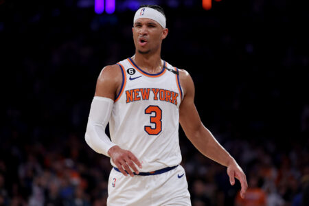 NEW YORK, NEW YORK - APRIL 30: Josh Hart #3 of the New York Knicks reacts to a call in the second half against the Miami Heat during game one of the Eastern Conference Semifinals at Madison Square Garden on April 30, 2023 in New York City. The Miami Heat defeated the New York Knicks 108-101. NOTE TO USER: User expressly acknowledges and agrees that, by downloading and or using this photograph, User is consenting to the terms and conditions of the Getty Images License Agreement.