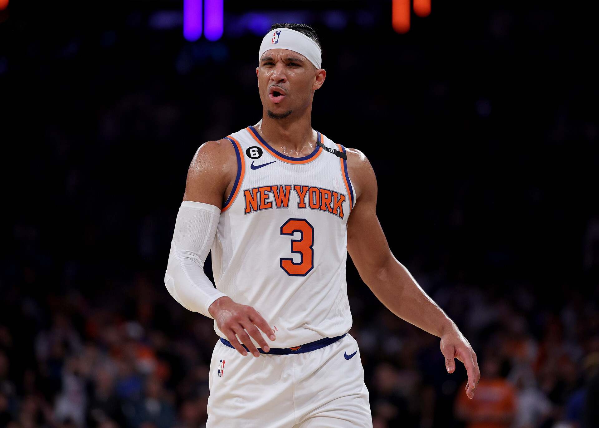 NEW YORK, NEW YORK - APRIL 30: Josh Hart #3 of the New York Knicks reacts to a call in the second half against the Miami Heat during game one of the Eastern Conference Semifinals at Madison Square Garden on April 30, 2023 in New York City. The Miami Heat defeated the New York Knicks 108-101. NOTE TO USER: User expressly acknowledges and agrees that, by downloading and or using this photograph, User is consenting to the terms and conditions of the Getty Images License Agreement.