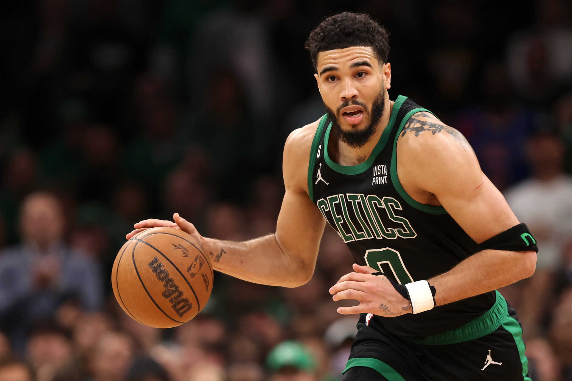 Jayson Tatum #0 of the Boston Celtics dribbles against the Philadelphia 76ers during the second half in game one of the Eastern Conference Second Round Playoffs at TD Garden on May 01, 2023 in Boston, Massachusetts.
