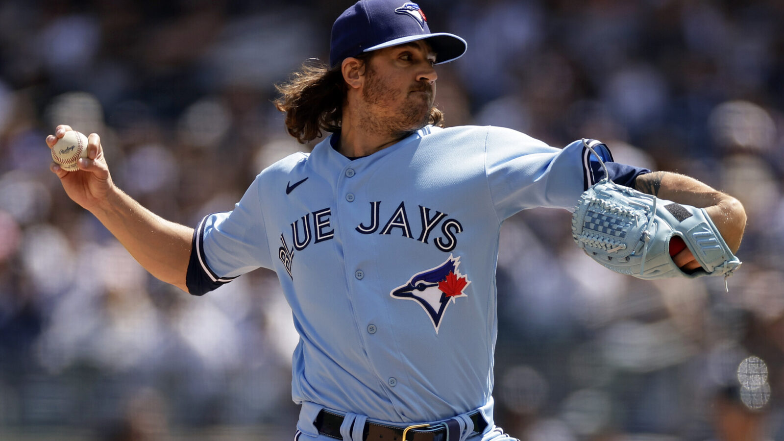 Kevin Gausman #34 of the Toronto Blue Jays pitches against the New York Yankees during the first inning at Yankee Stadium on April 23, 2023 in the Bronx borough of New York City.