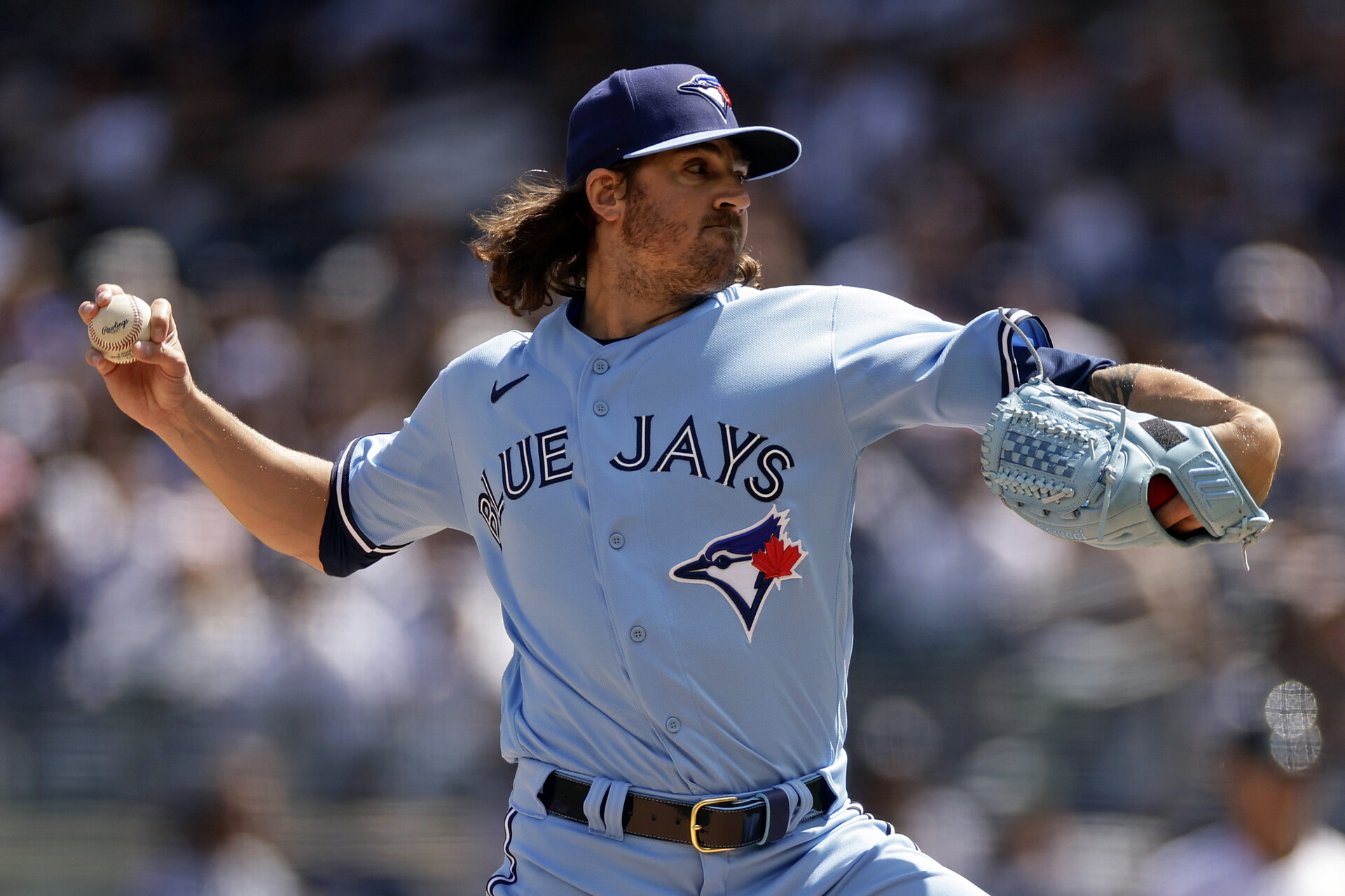 Kevin Gausman #34 of the Toronto Blue Jays pitches against the New York Yankees during the first inning at Yankee Stadium on April 23, 2023 in the Bronx borough of New York City.