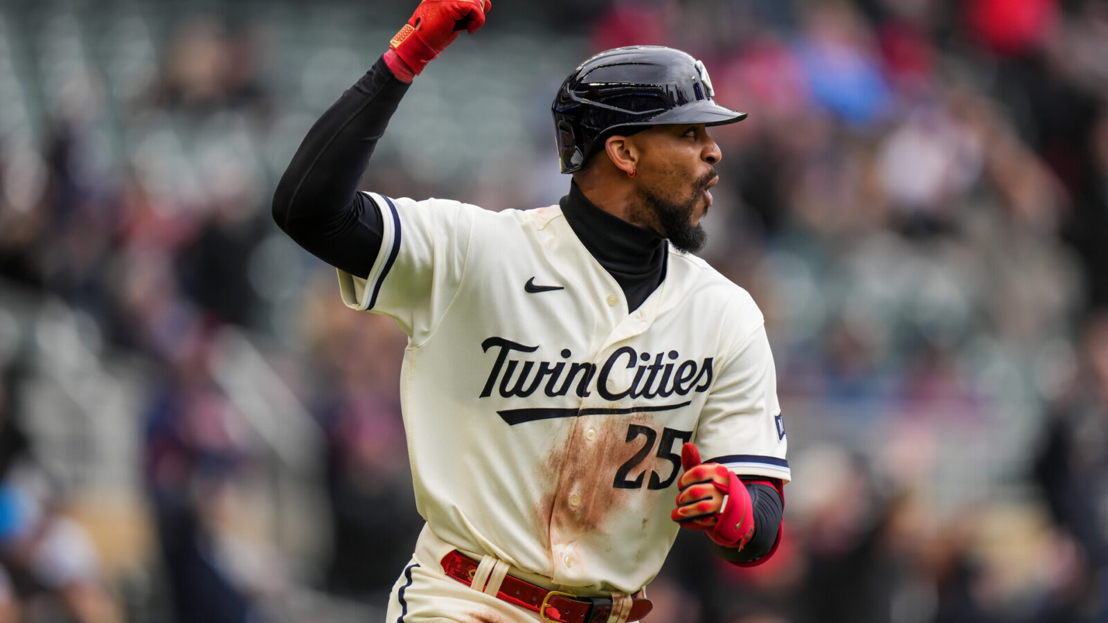 MINNEAPOLIS, MN - APRIL 30: Byron Buxton #25 of the Minnesota Twins celebrates after hitting a home run against the Kansas City Royals on April 30, 2023 at Target Field in Minneapolis, Minnesota