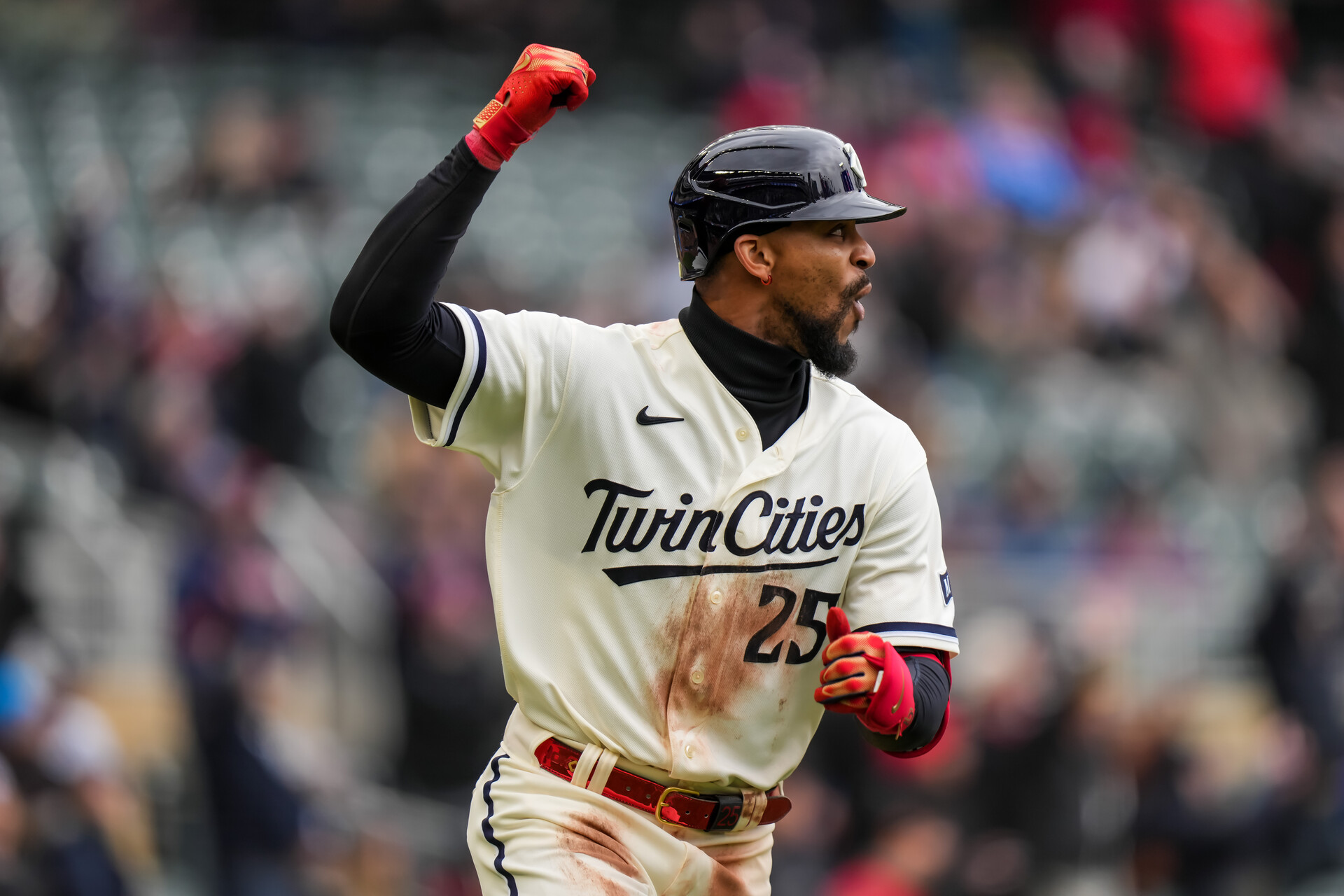 MINNEAPOLIS, MN - APRIL 30: Byron Buxton #25 of the Minnesota Twins celebrates after hitting a home run against the Kansas City Royals on April 30, 2023 at Target Field in Minneapolis, Minnesota