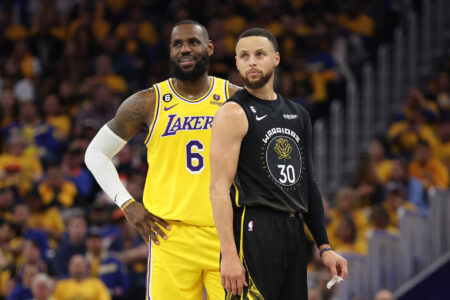 LeBron James #6 of the Los Angeles Lakers stands next to Stephen Curry #30 of the Golden State Warriors during the second quarter in game one of the Western Conference Semifinal Playoffs at Chase Center on May 02, 2023 in San Francisco, California.