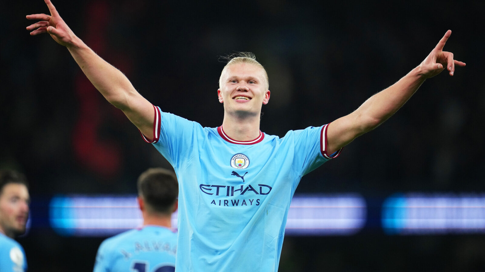Erling Haaland of Manchester City celebrates after scoring the team's second goal, and their record breaking 35th Premier League goal of the season during the Premier League match between Manchester City and West Ham United at Etihad Stadium on May 03, 2023 in Manchester, England.