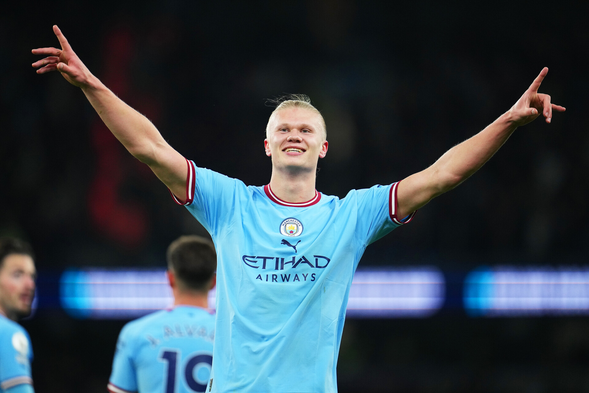 Erling Haaland of Manchester City celebrates after scoring the team's second goal, and their record breaking 35th Premier League goal of the season during the Premier League match between Manchester City and West Ham United at Etihad Stadium on May 03, 2023 in Manchester, England.