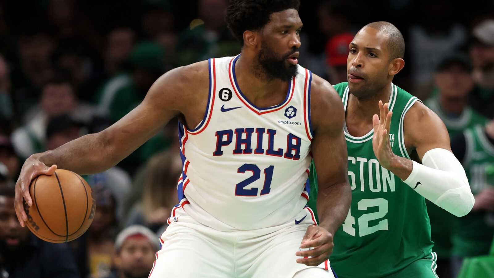 Al Horford #42 of the Boston Celtics defends Joel Embiid #21 of the Philadelphia 76ers game two of the Eastern Conference Second Round Playoffs at TD Garden on May 03, 2023 in Boston, Massachusetts. The Celtics defeat the 76ers 121-87.