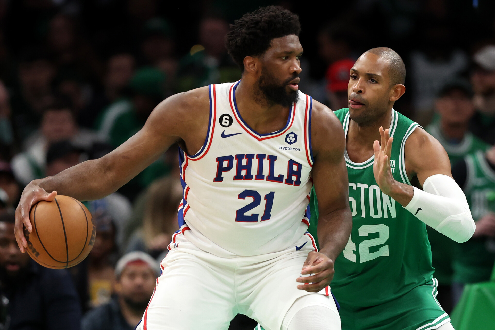 Al Horford #42 of the Boston Celtics defends Joel Embiid #21 of the Philadelphia 76ers game two of the Eastern Conference Second Round Playoffs at TD Garden on May 03, 2023 in Boston, Massachusetts. The Celtics defeat the 76ers 121-87.